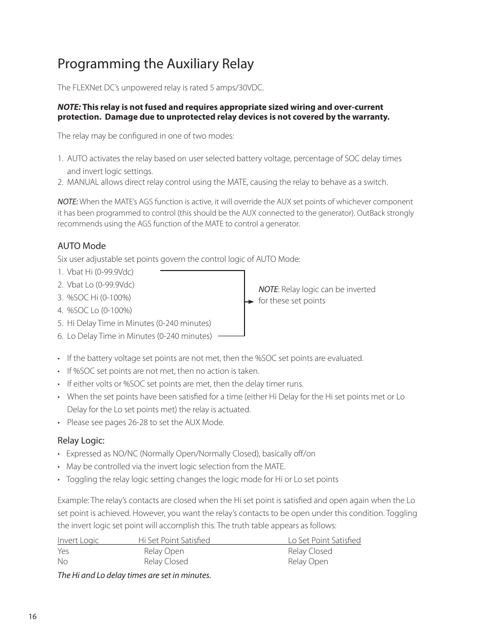 Programming the auxiliary relay | Outback Power Systems FLEXnet DC Users Guide User Manual | Page 17 / 34