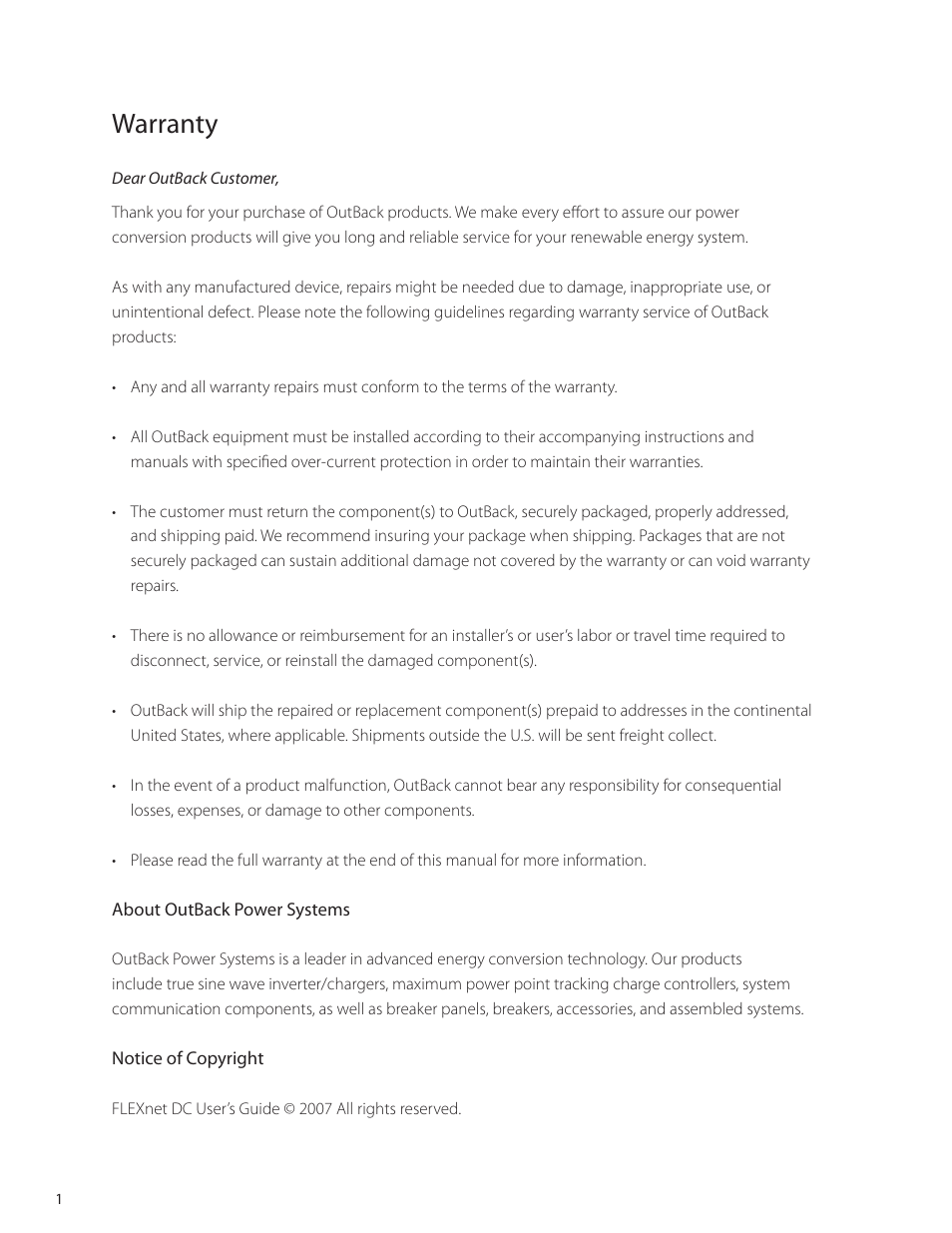 Warranty | Outback Power Systems FLEXnet DC Users Guide User Manual | Page 2 / 34