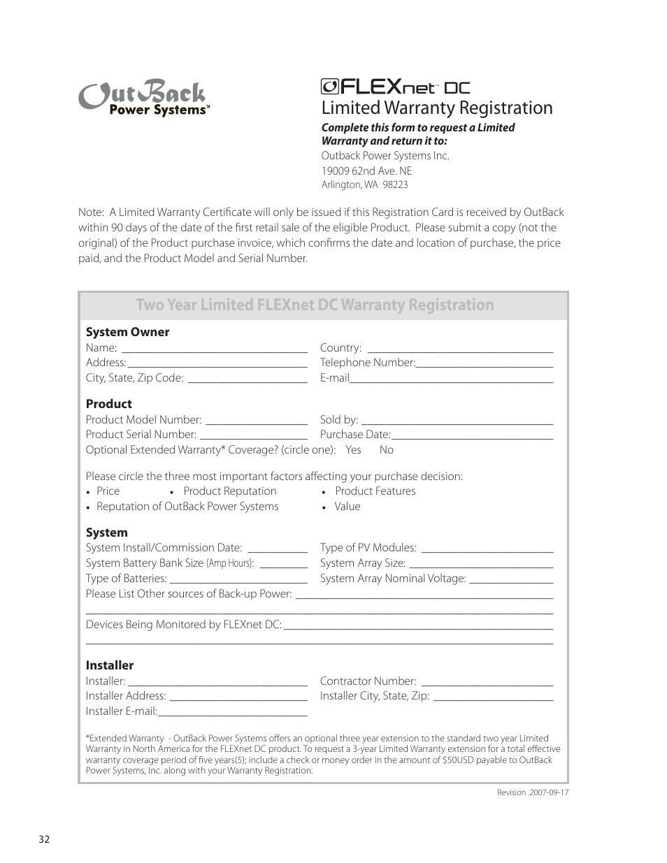 Limited warranty registration, Net dc, Two year limited flexnet dc warranty registration | Outback Power Systems FLEXnet DC Users Guide User Manual | Page 33 / 34