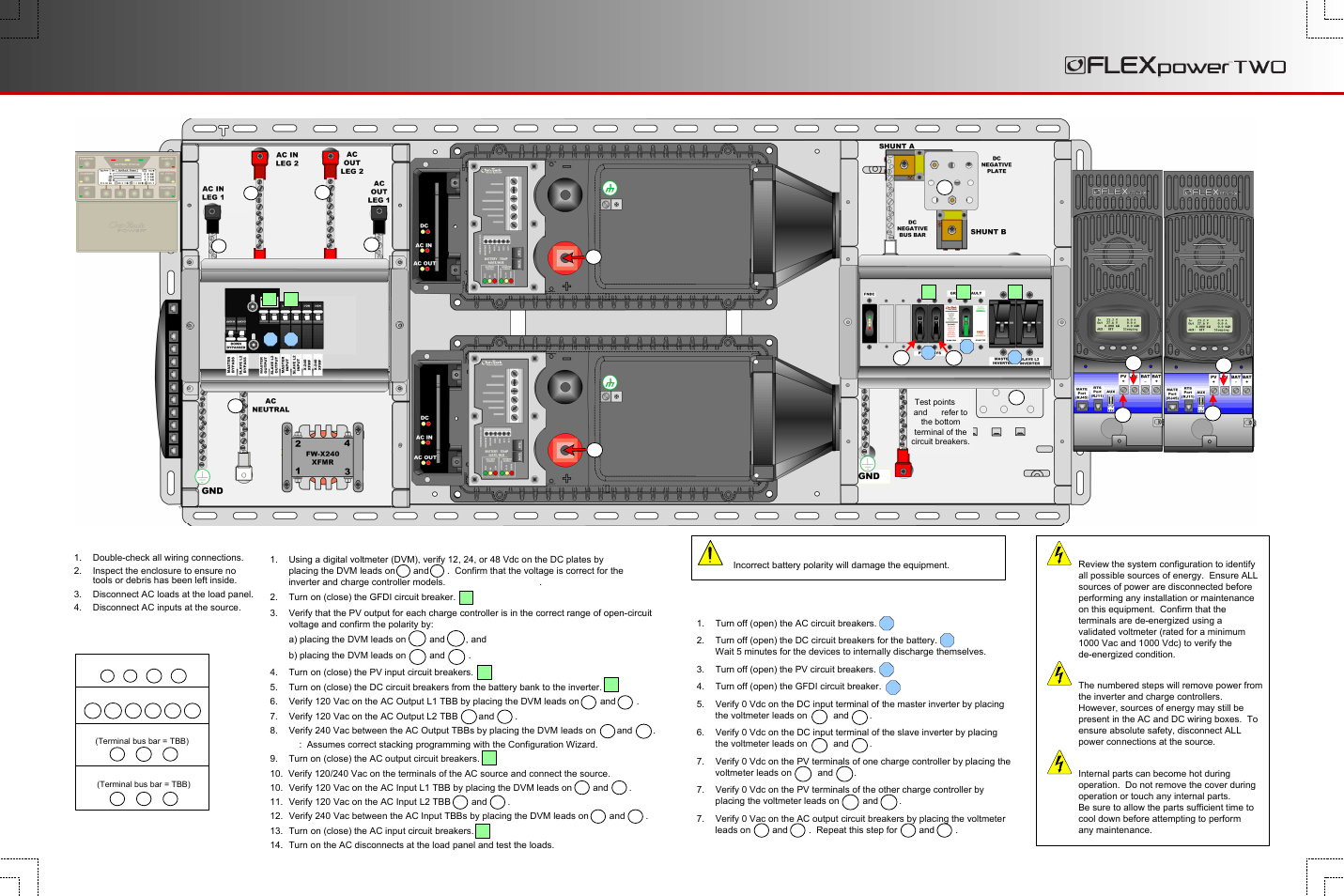 Energize/startup procedures, De-energize/shutdown procedures, Functional test points | Outback Power Systems FLEXpower TWO Quick Start Guide User Manual | Page 3 / 4