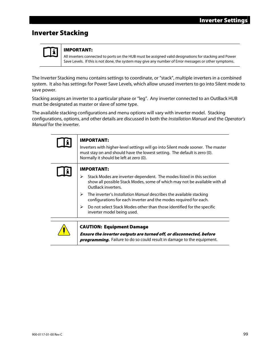 Inverter stacking, Inverter settings | Outback Power Systems MATE3 Owners Manual User Manual | Page 101 / 190