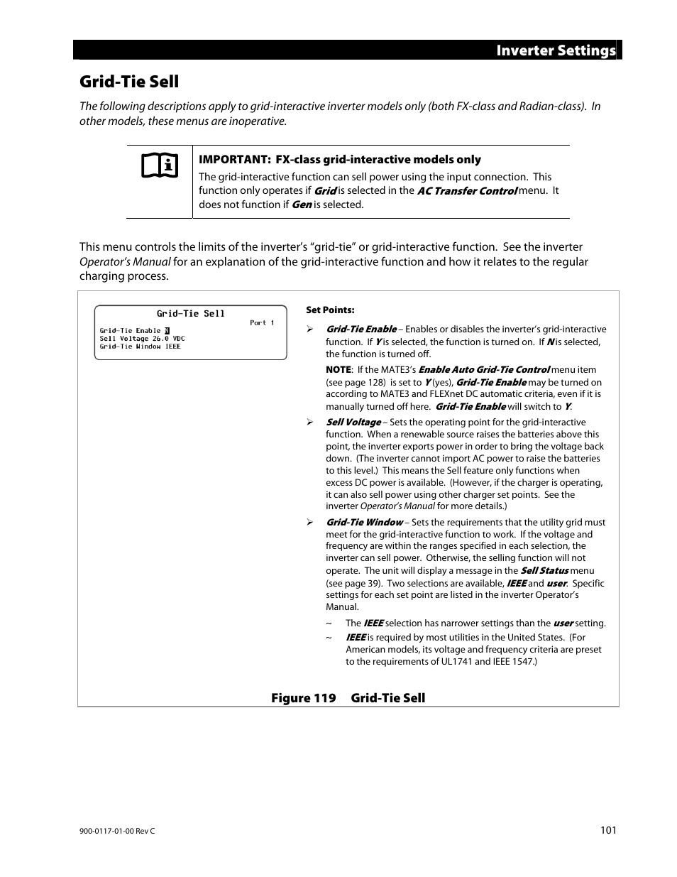 Grid-tie sell, Inverter settings | Outback Power Systems MATE3 Owners Manual User Manual | Page 103 / 190