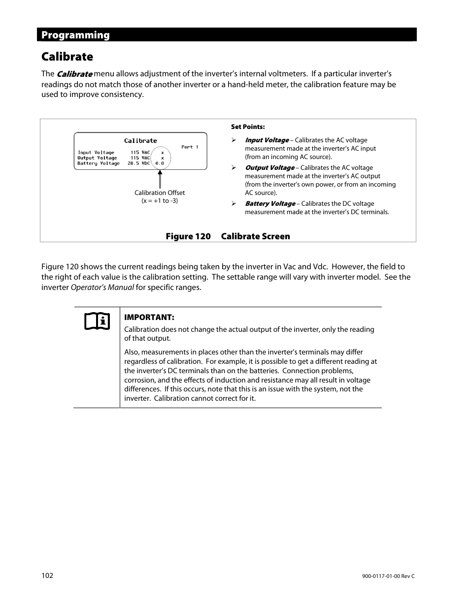 Calibrate, Programming | Outback Power Systems MATE3 Owners Manual User Manual | Page 104 / 190