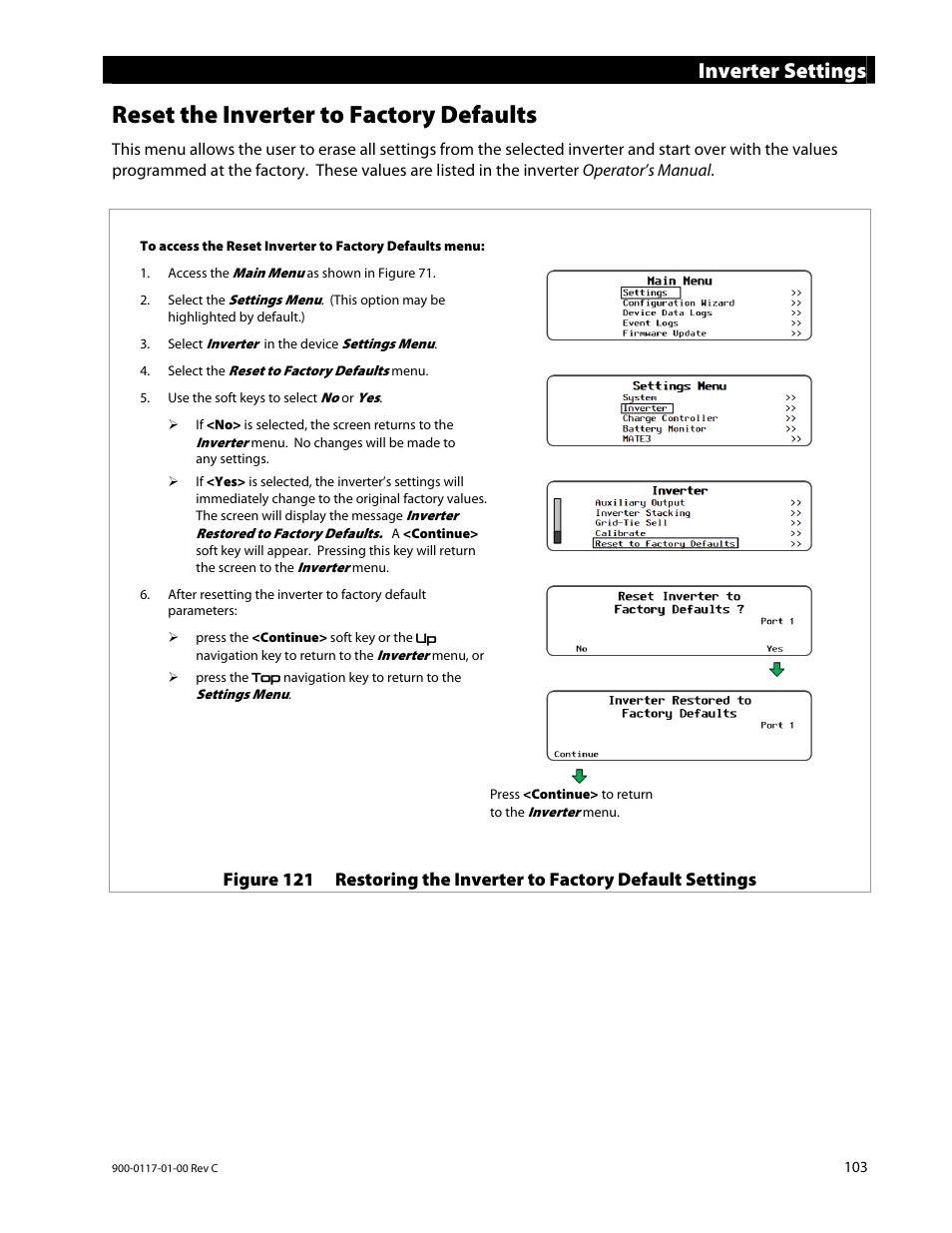 Reset the inverter to factory defaults, Inverter settings | Outback Power Systems MATE3 Owners Manual User Manual | Page 105 / 190