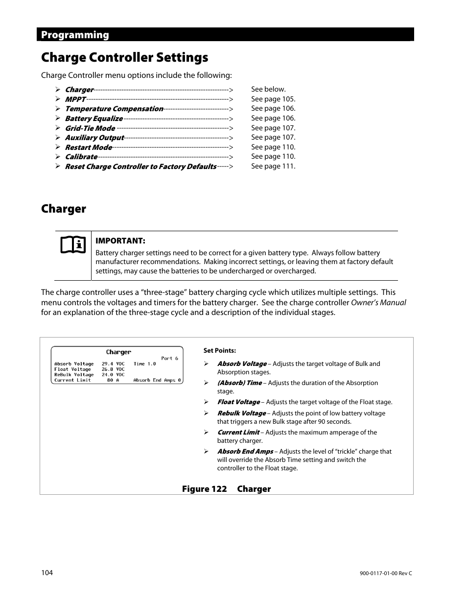 Charge controller settings, Charger, Programming | Outback Power Systems MATE3 Owners Manual User Manual | Page 106 / 190