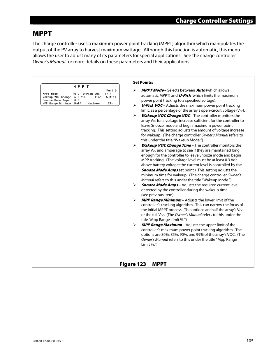 Mppt, Charge controller settings, Figure 123 mppt | Outback Power Systems MATE3 Owners Manual User Manual | Page 107 / 190