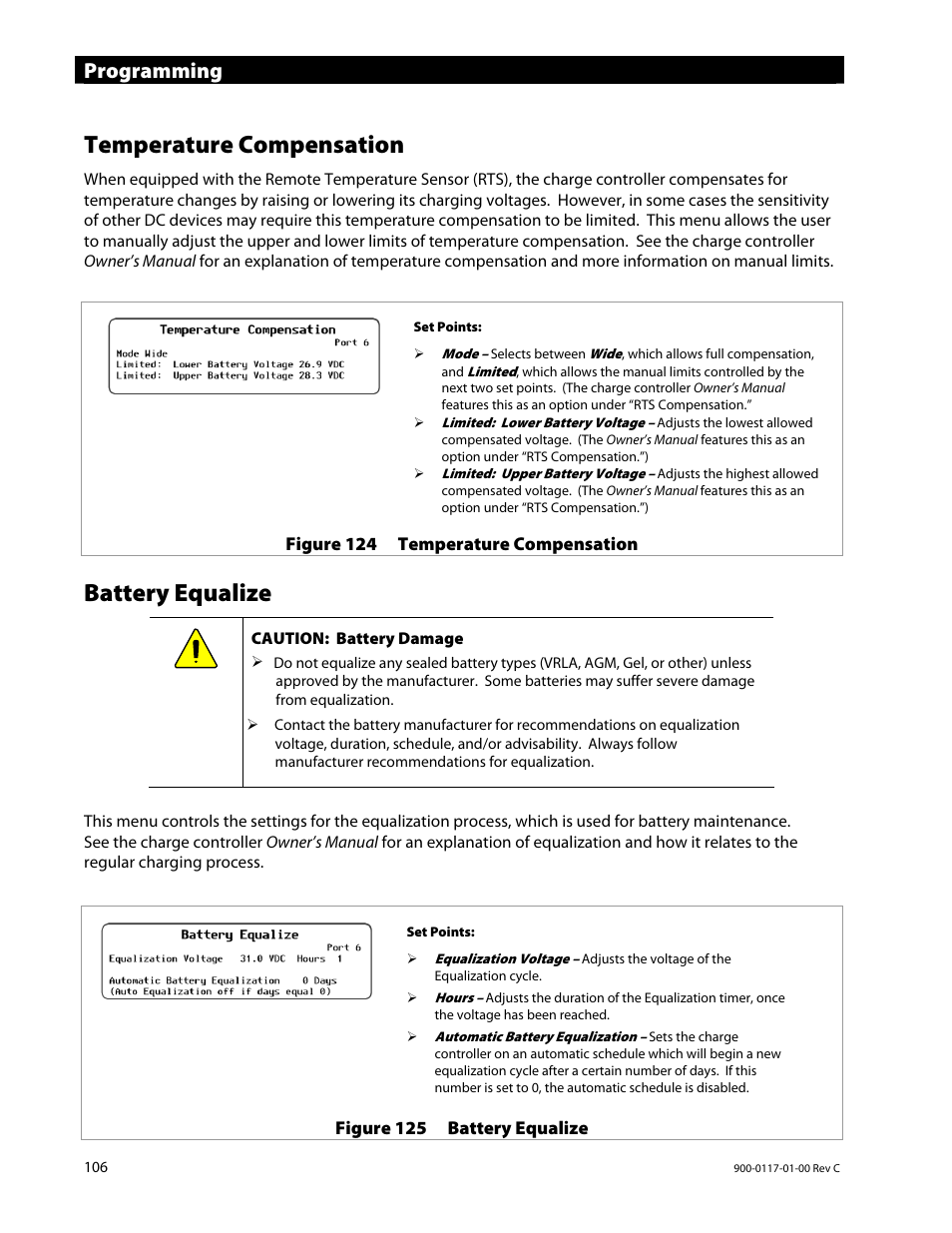 Temperature compensation, Battery equalize, Programming | Outback Power Systems MATE3 Owners Manual User Manual | Page 108 / 190