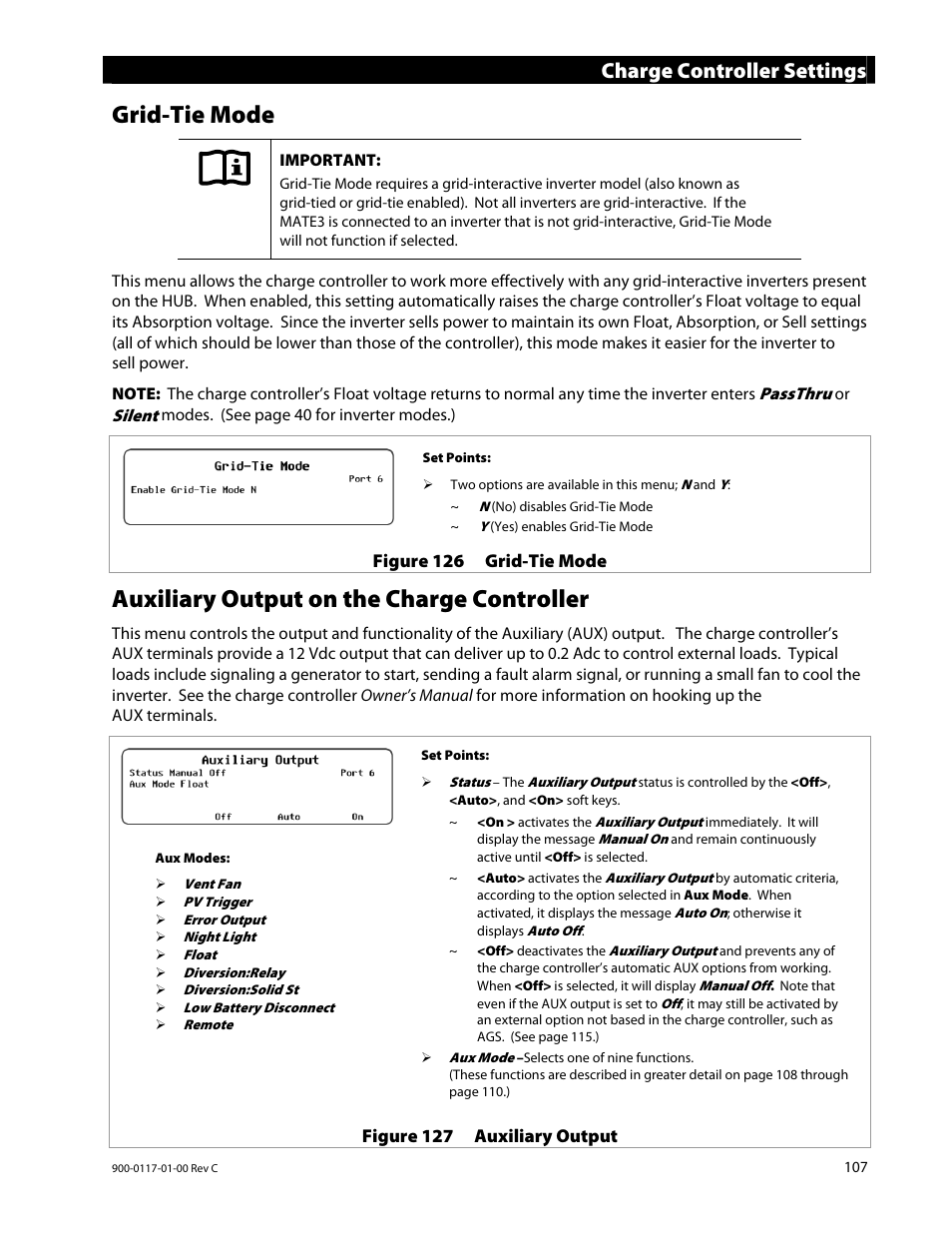 Grid-tie mode, Auxiliary output on the charge controller, Charge controller settings | Outback Power Systems MATE3 Owners Manual User Manual | Page 109 / 190