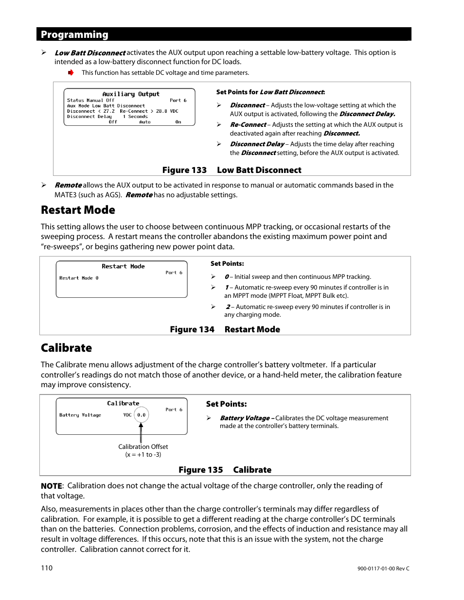 Restart mode, Calibrate, Programming | Outback Power Systems MATE3 Owners Manual User Manual | Page 112 / 190