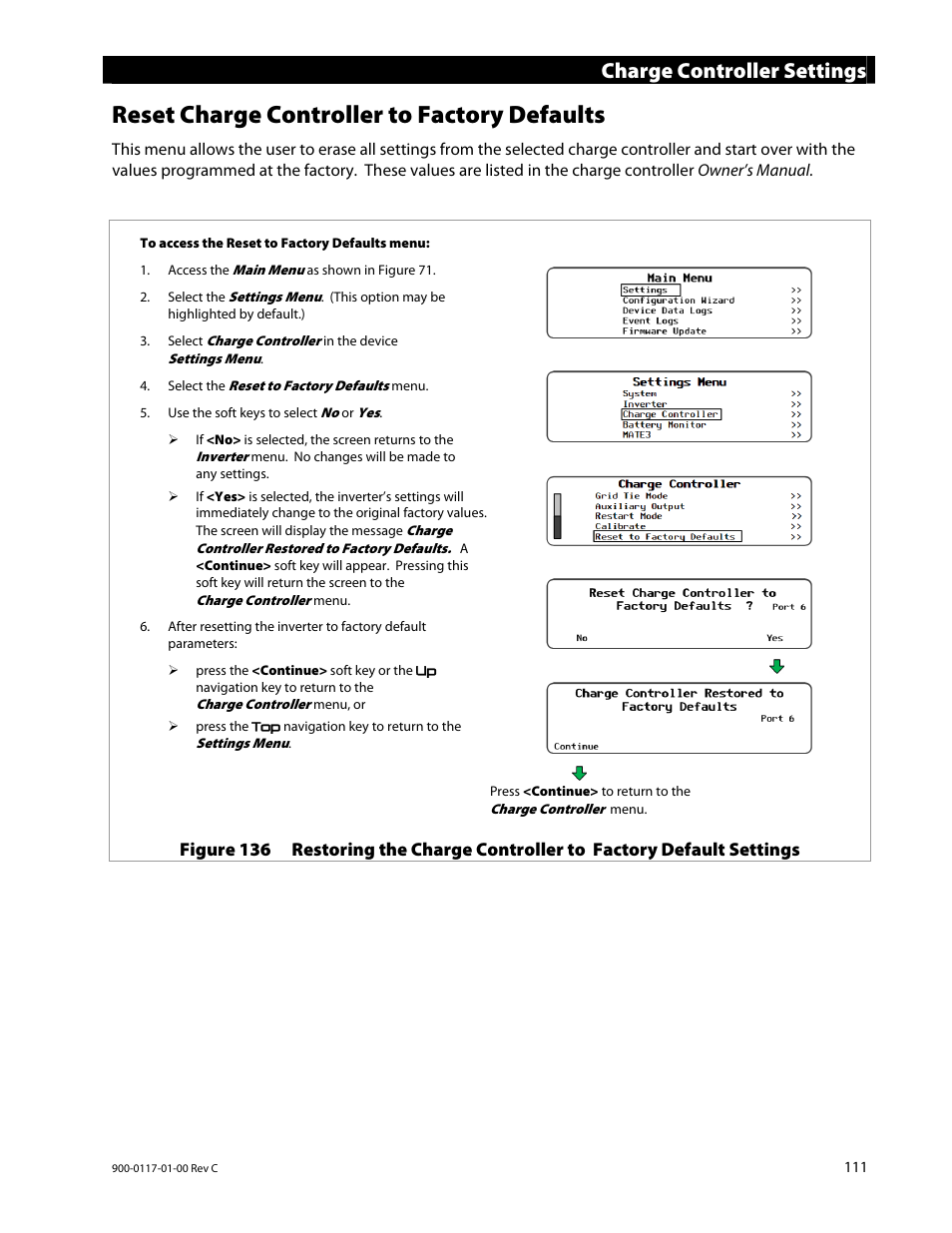 Reset charge controller to factory defaults, Charge controller settings | Outback Power Systems MATE3 Owners Manual User Manual | Page 113 / 190