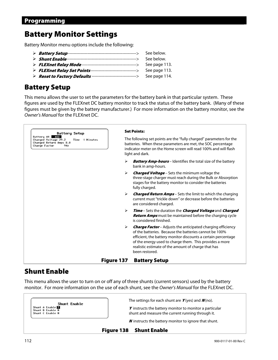 Battery monitor settings, Battery setup, Shunt enable | Programming | Outback Power Systems MATE3 Owners Manual User Manual | Page 114 / 190