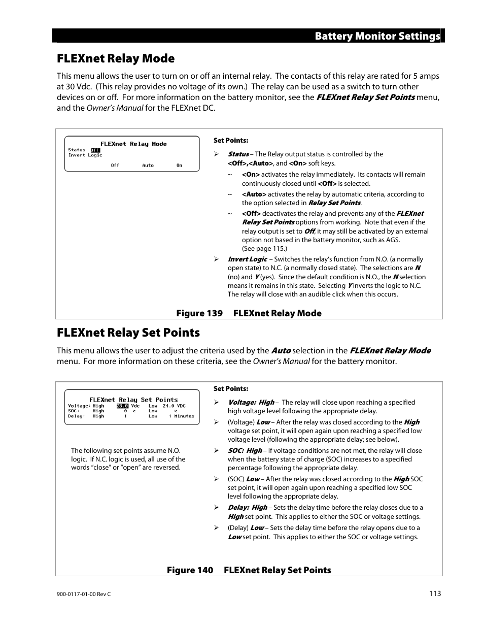 Flexnet relay mode, Flexnet relay set points, Battery monitor settings | Outback Power Systems MATE3 Owners Manual User Manual | Page 115 / 190