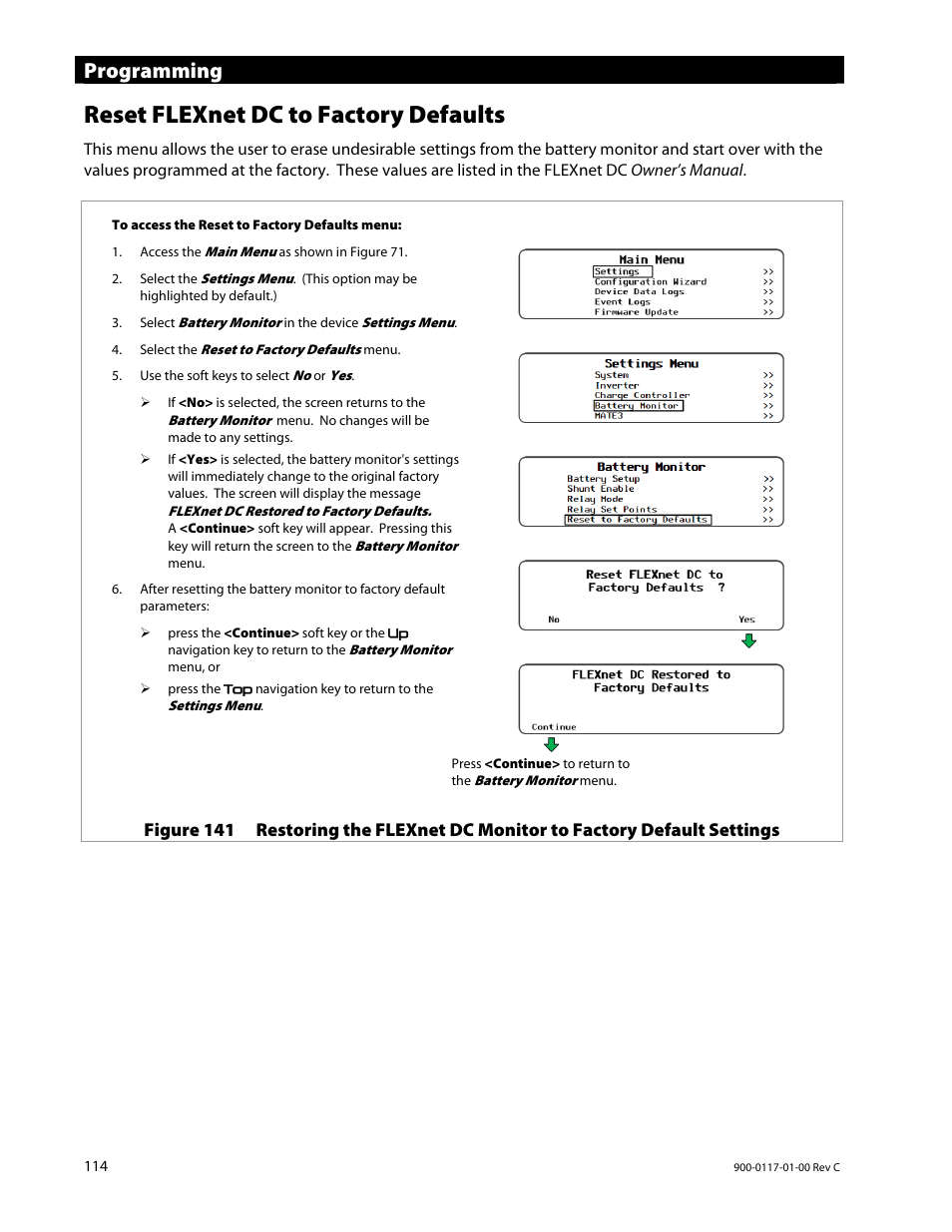 Reset flexnet dc to factory defaults, Programming | Outback Power Systems MATE3 Owners Manual User Manual | Page 116 / 190