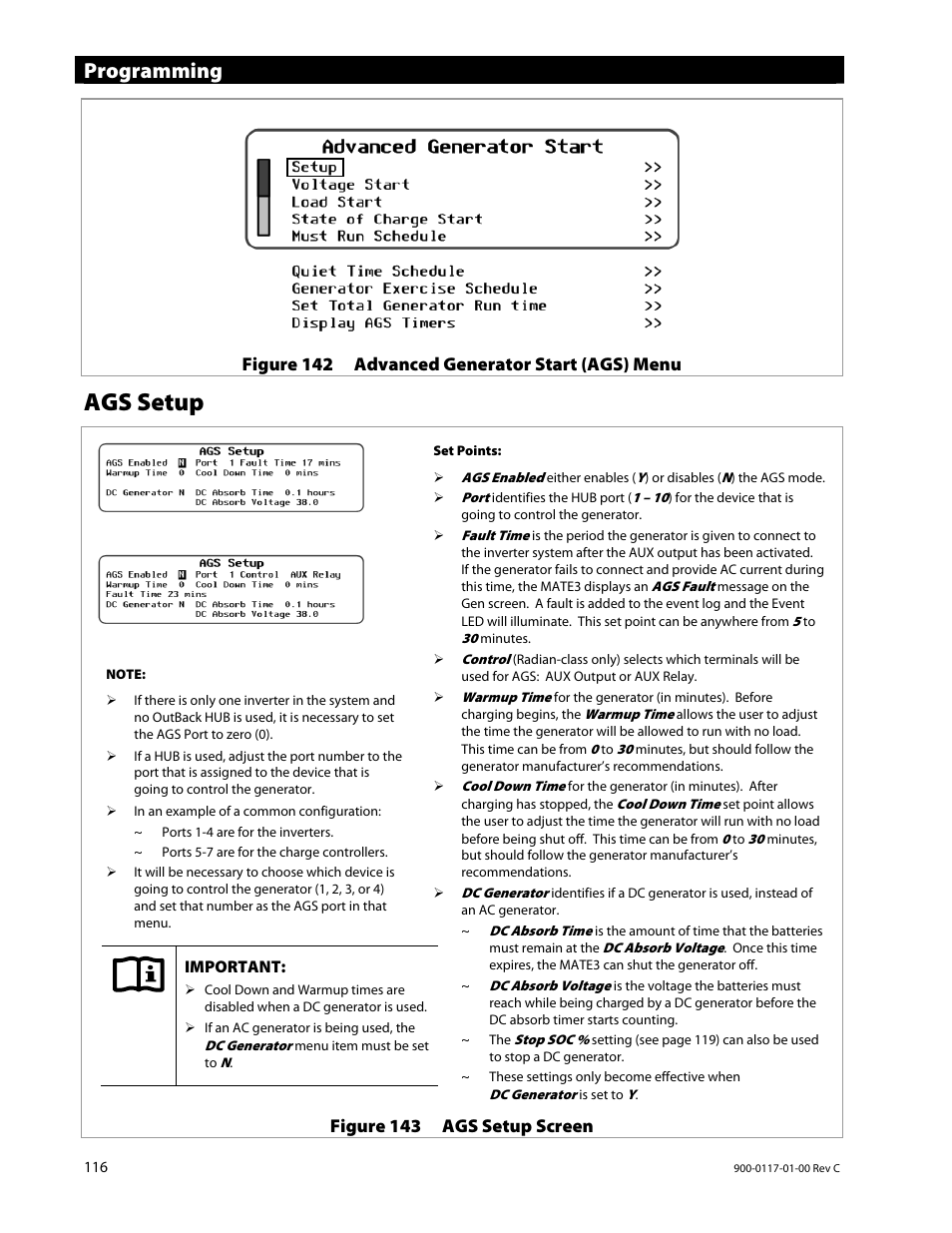 Ags setup, Programming | Outback Power Systems MATE3 Owners Manual User Manual | Page 118 / 190