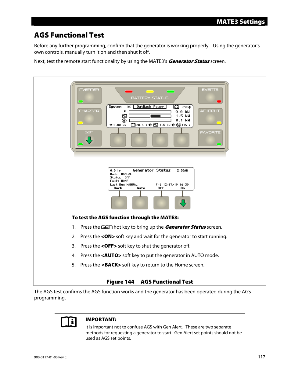 Ags functional test, Mate3 settings | Outback Power Systems MATE3 Owners Manual User Manual | Page 119 / 190