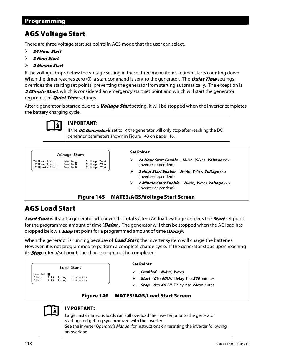 Ags voltage start, Ags load start, Programming | Outback Power Systems MATE3 Owners Manual User Manual | Page 120 / 190