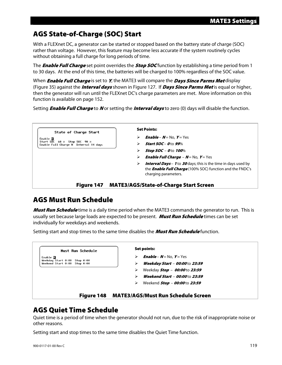 Ags state-of-charge (soc) start, Ags must run schedule, Ags quiet time schedule | Mate3 settings | Outback Power Systems MATE3 Owners Manual User Manual | Page 121 / 190