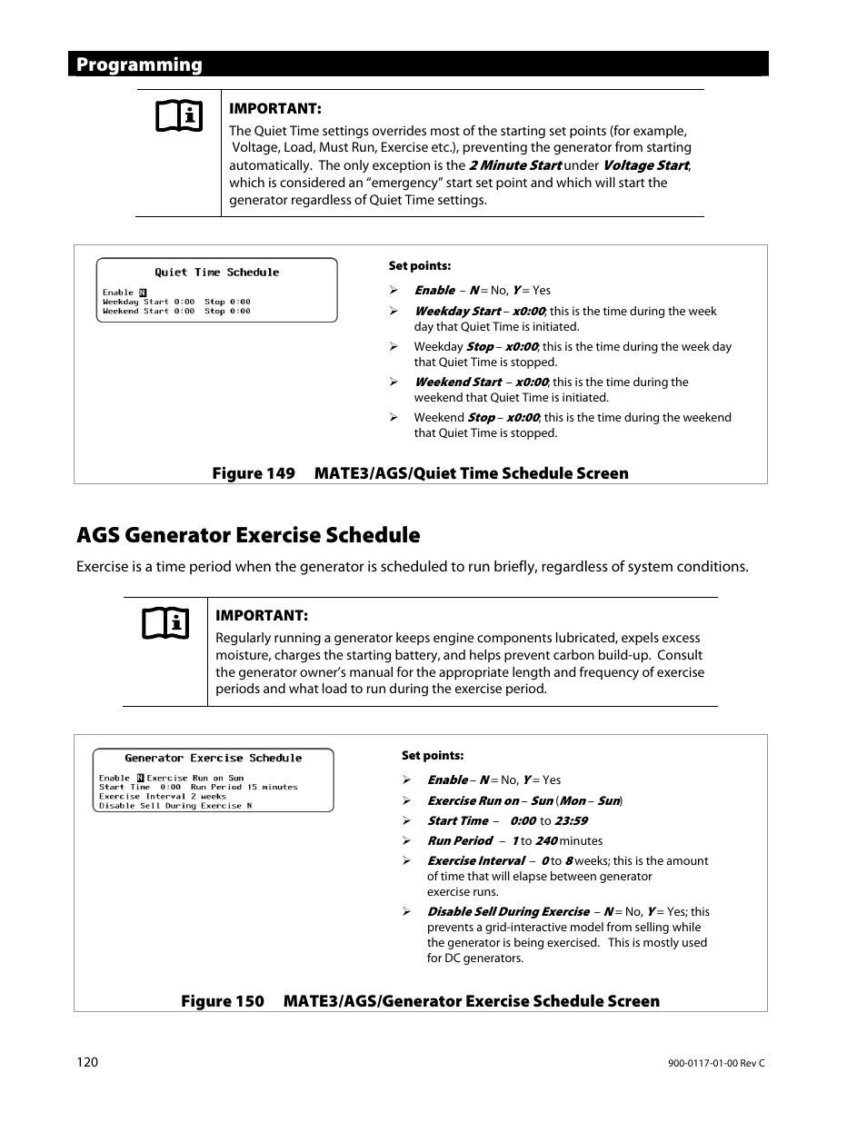 Ags generator exercise schedule, Programming | Outback Power Systems MATE3 Owners Manual User Manual | Page 122 / 190