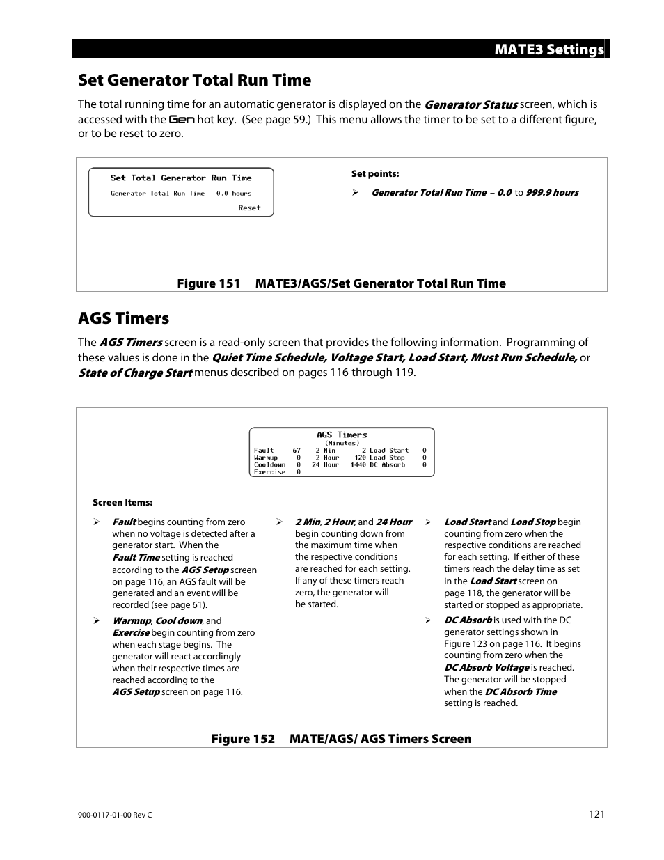 Set generator total run time, Ags timers, Mate3 settings | Outback Power Systems MATE3 Owners Manual User Manual | Page 123 / 190