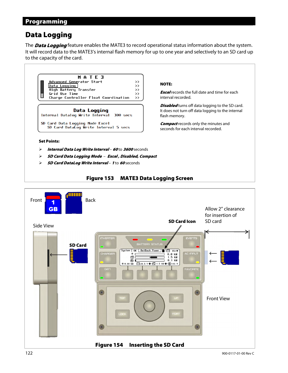 Data logging, Programming | Outback Power Systems MATE3 Owners Manual User Manual | Page 124 / 190