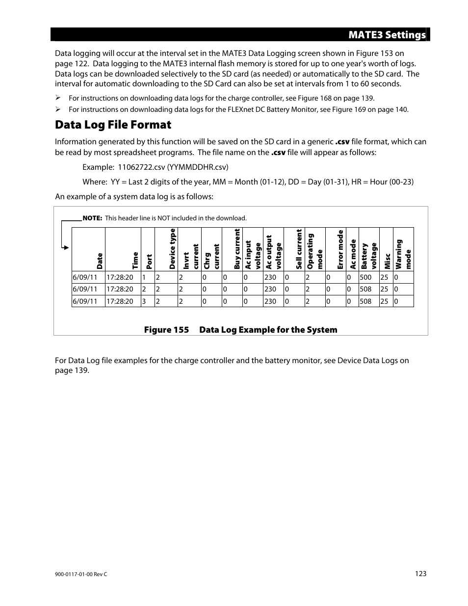 Data log file format, Mate3 settings | Outback Power Systems MATE3 Owners Manual User Manual | Page 125 / 190