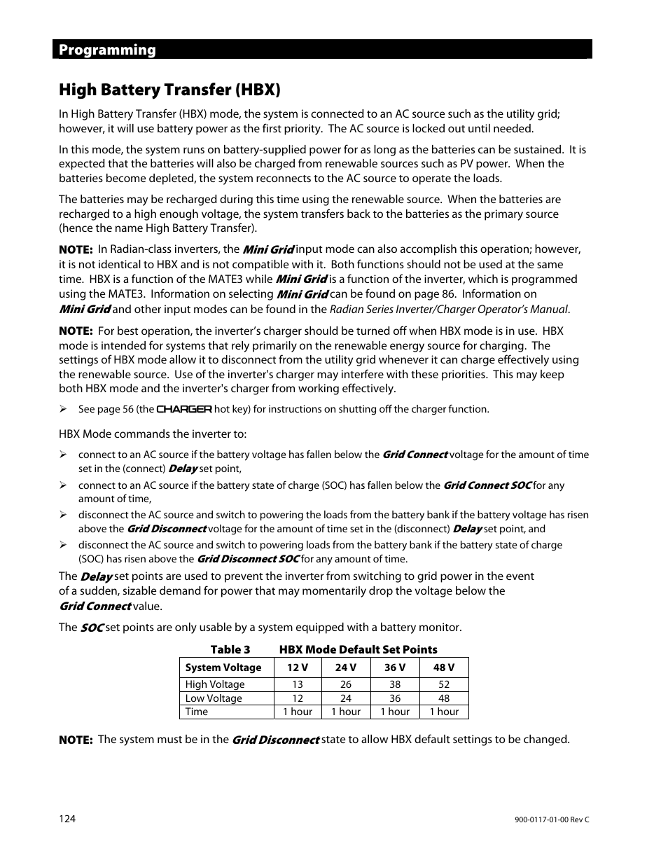 High battery transfer (hbx), Programming | Outback Power Systems MATE3 Owners Manual User Manual | Page 126 / 190