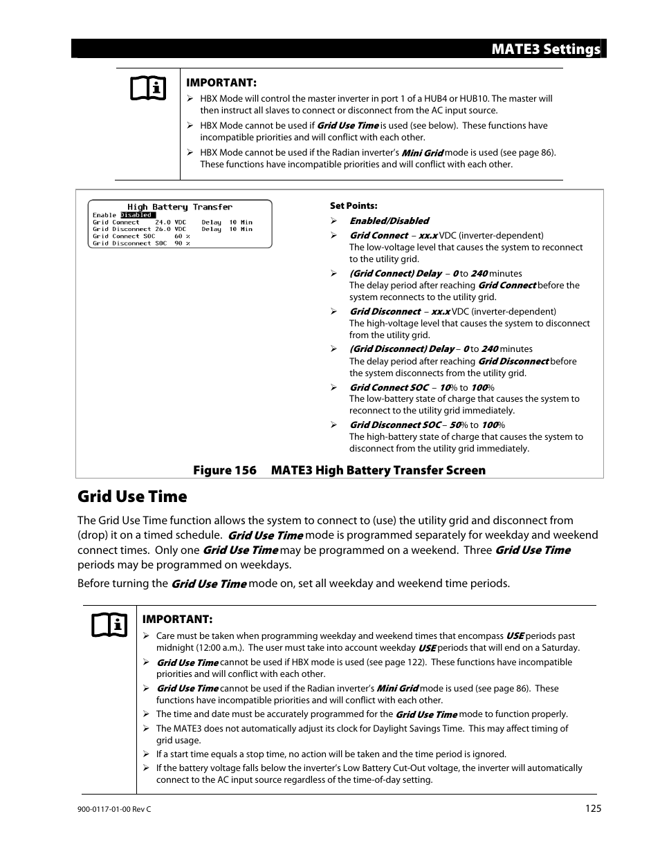 Grid use time, Mate3 settings | Outback Power Systems MATE3 Owners Manual User Manual | Page 127 / 190