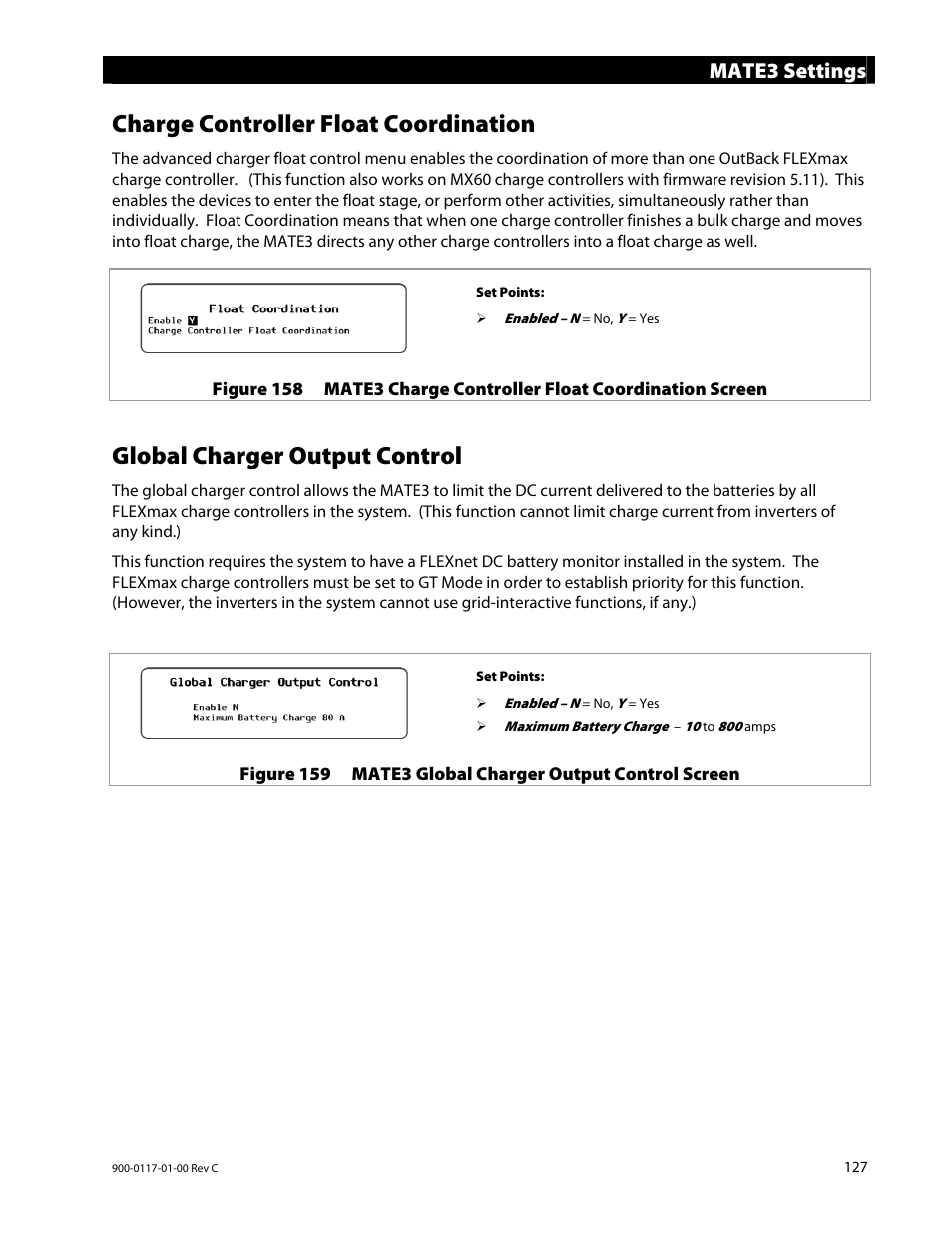 Charge controller float coordination, Global charger output control, Mate3 settings | Outback Power Systems MATE3 Owners Manual User Manual | Page 129 / 190