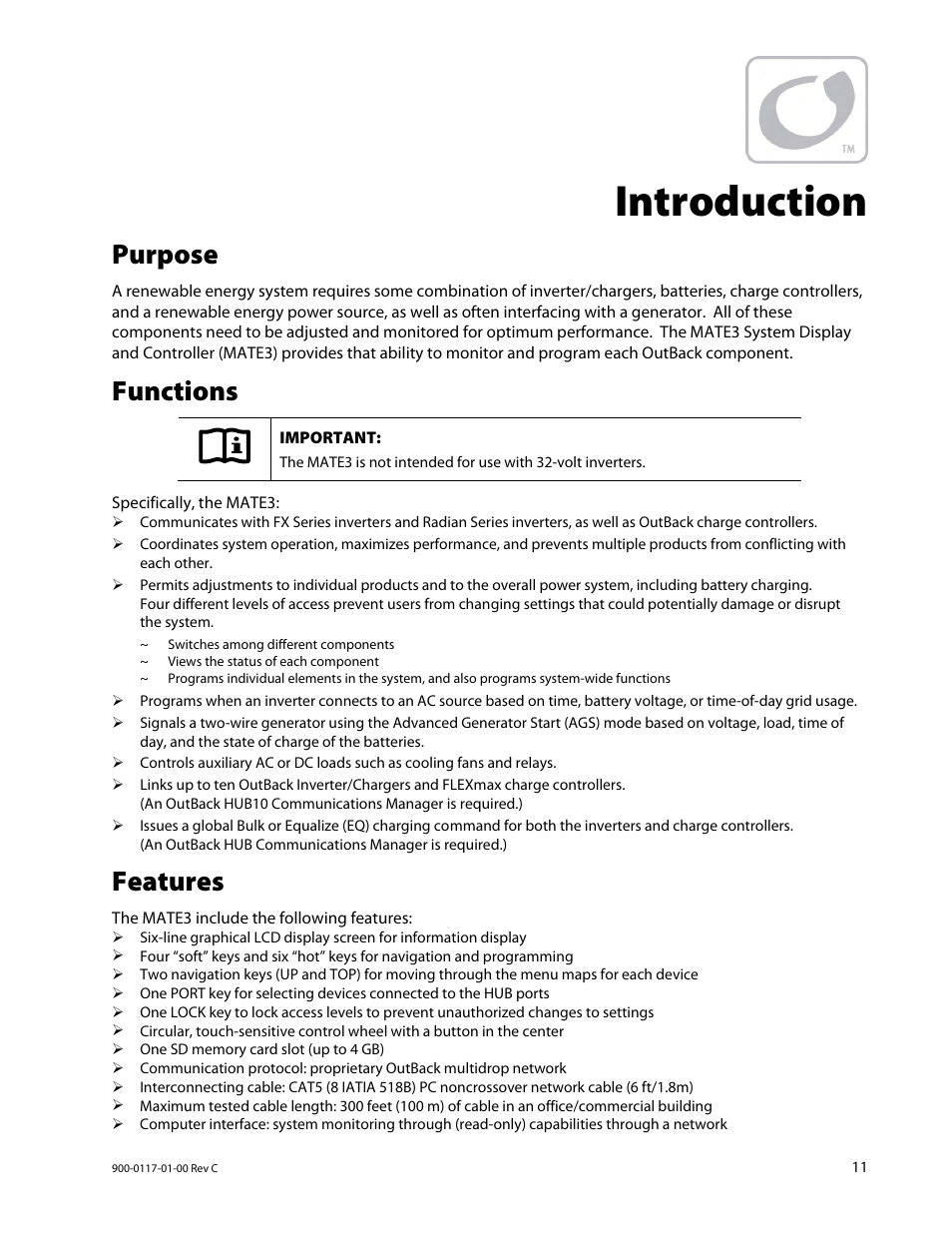 Introduction, Purpose, Functions | Features | Outback Power Systems MATE3 Owners Manual User Manual | Page 13 / 190