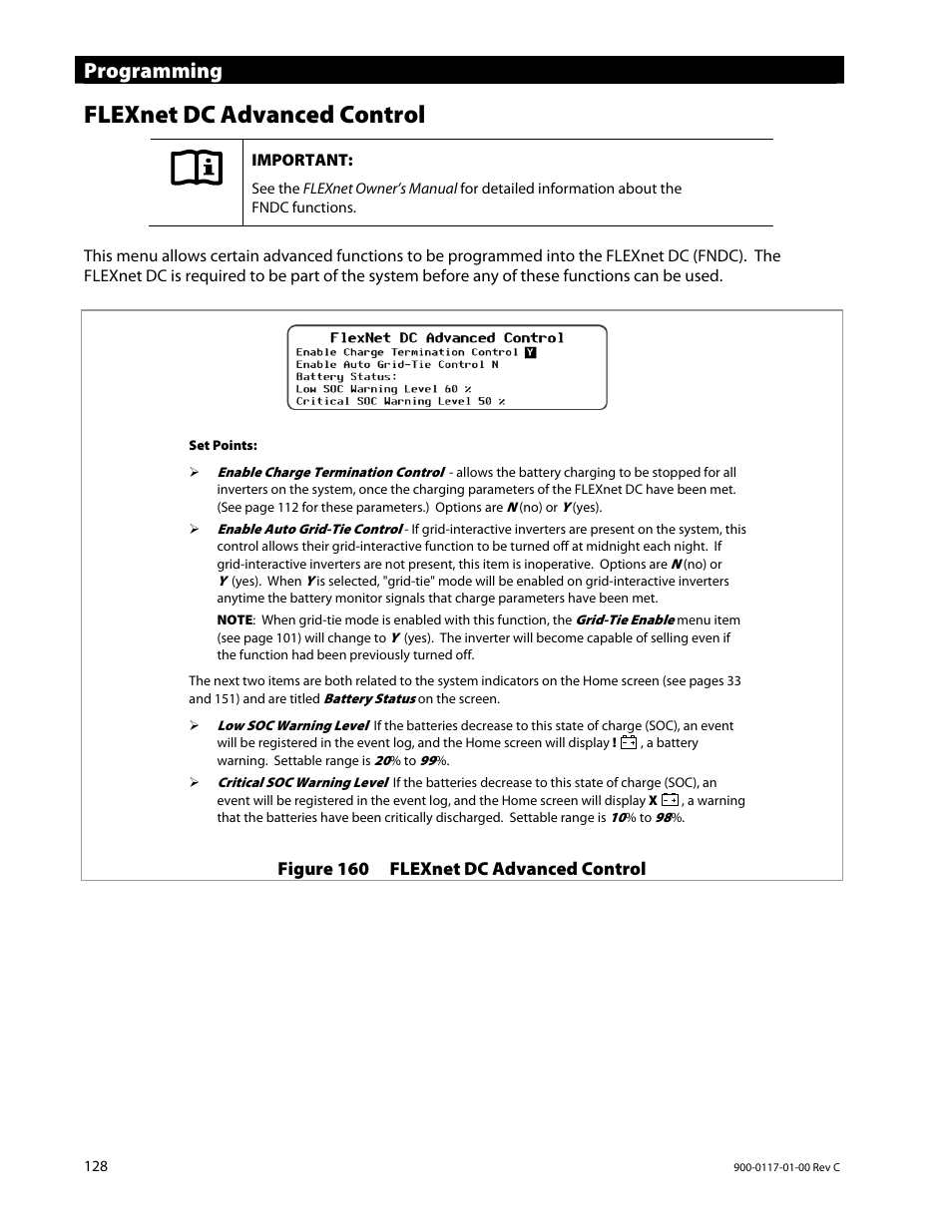 Flexnet dc advanced control, Programming | Outback Power Systems MATE3 Owners Manual User Manual | Page 130 / 190