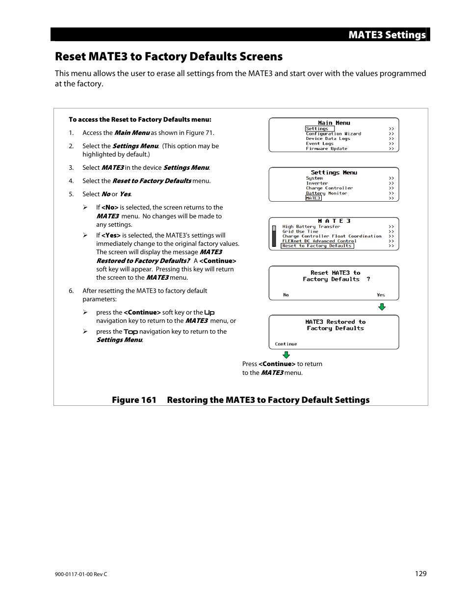 Reset mate3 to factory defaults screens, Mate3 settings | Outback Power Systems MATE3 Owners Manual User Manual | Page 131 / 190