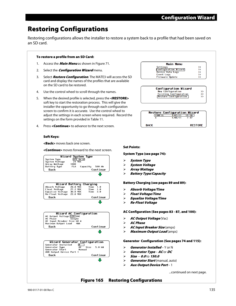 Restoring configurations, Configuration wizard | Outback Power Systems MATE3 Owners Manual User Manual | Page 137 / 190