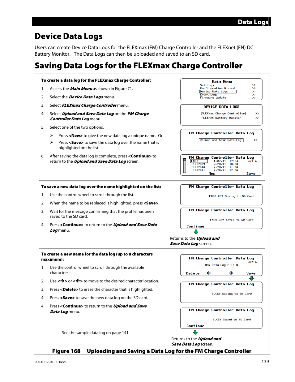 Device data logs, Saving data logs for the flexmax charge controller, Data logs | Outback Power Systems MATE3 Owners Manual User Manual | Page 141 / 190