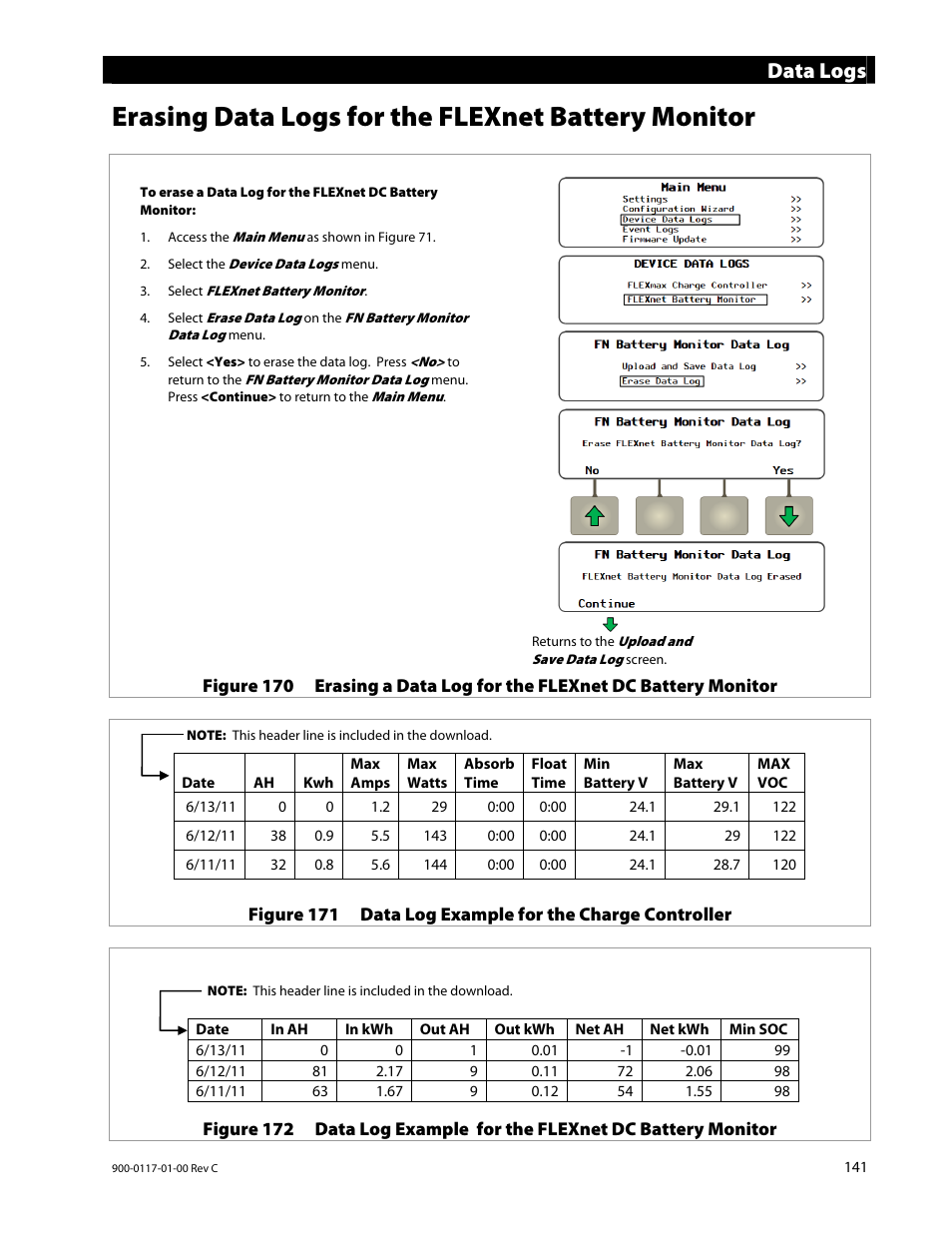 Erasing data logs for the flexnet battery monitor, Data logs | Outback Power Systems MATE3 Owners Manual User Manual | Page 143 / 190