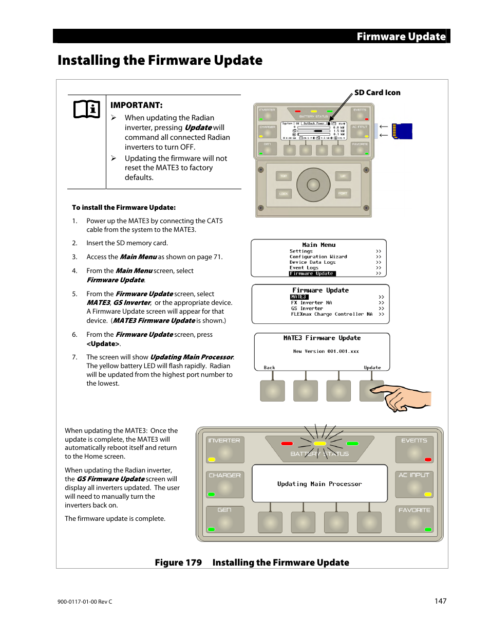 Installing the firmware update, Firmware update | Outback Power Systems MATE3 Owners Manual User Manual | Page 149 / 190