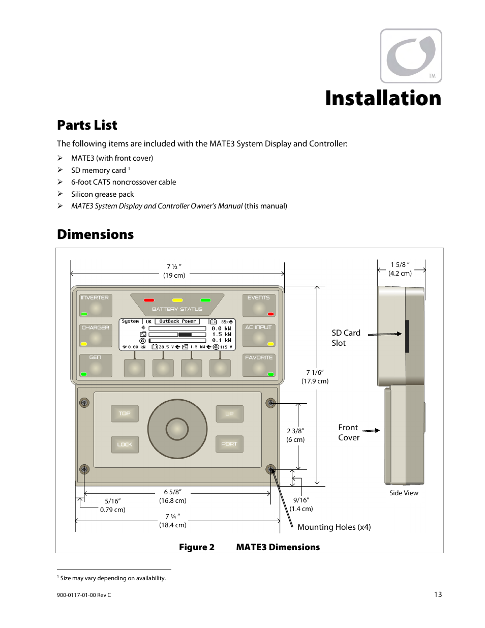 Installation, Parts list, Dimensions | Outback Power Systems MATE3 Owners Manual User Manual | Page 15 / 190
