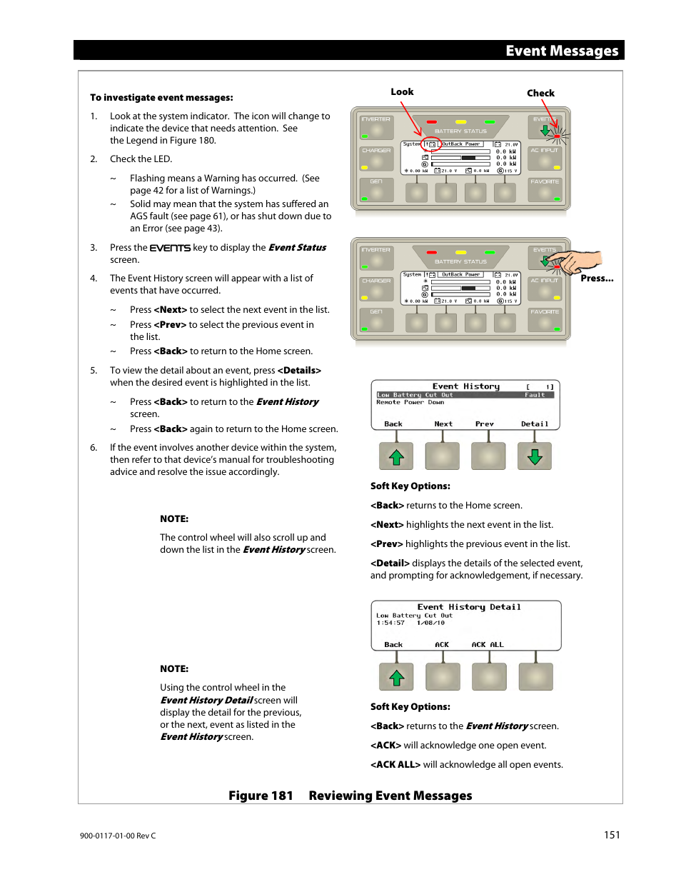 Event messages, Figure 181 reviewing event messages | Outback Power Systems MATE3 Owners Manual User Manual | Page 153 / 190