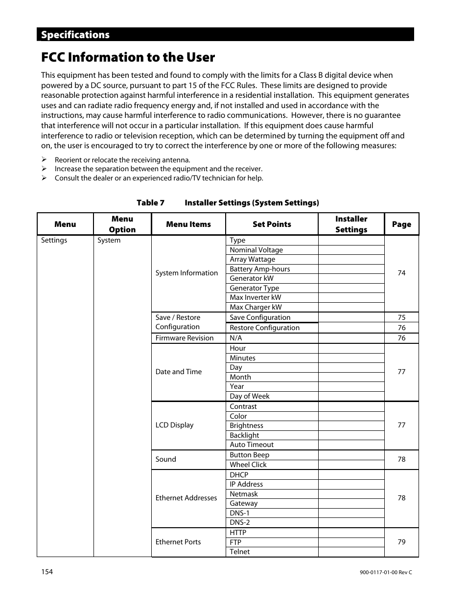 Fcc information to the user, Specifications | Outback Power Systems MATE3 Owners Manual User Manual | Page 156 / 190