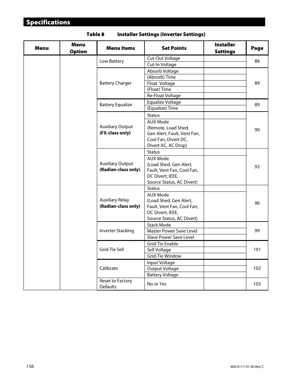 Specifications | Outback Power Systems MATE3 Owners Manual User Manual | Page 158 / 190