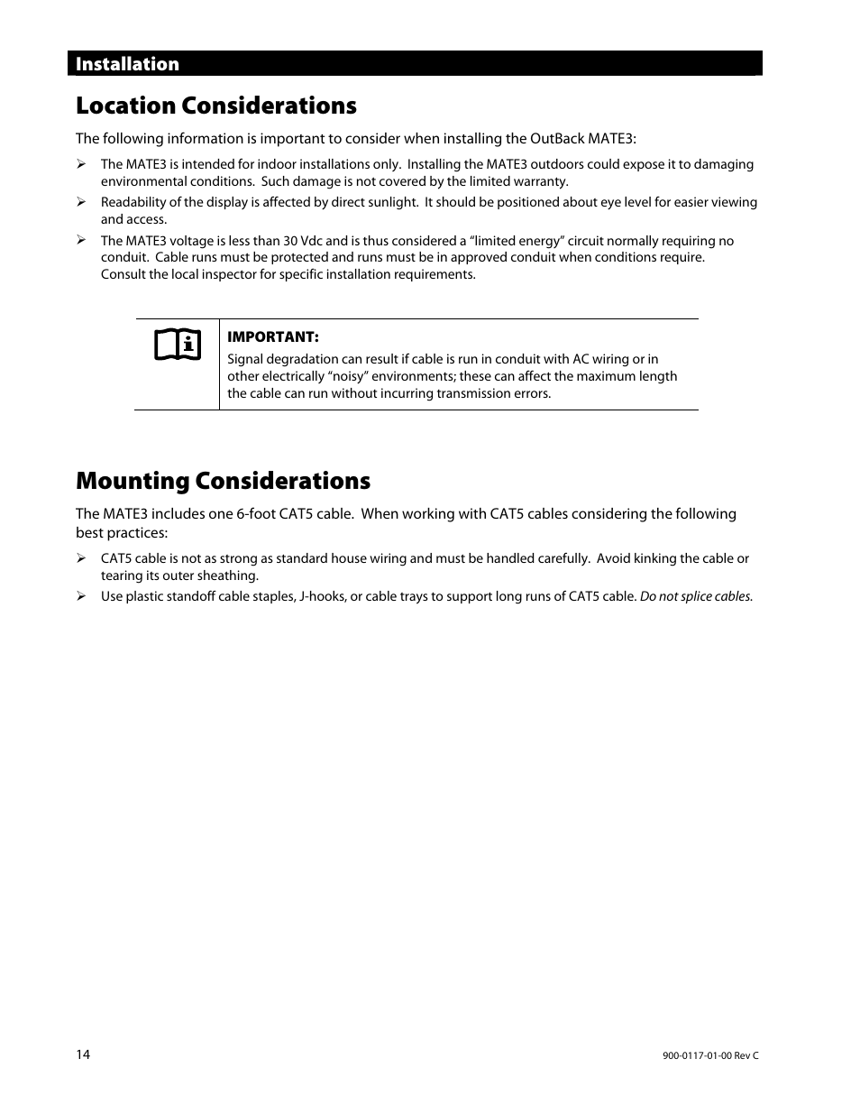 Location considerations, Mounting considerations, Installation | Outback Power Systems MATE3 Owners Manual User Manual | Page 16 / 190