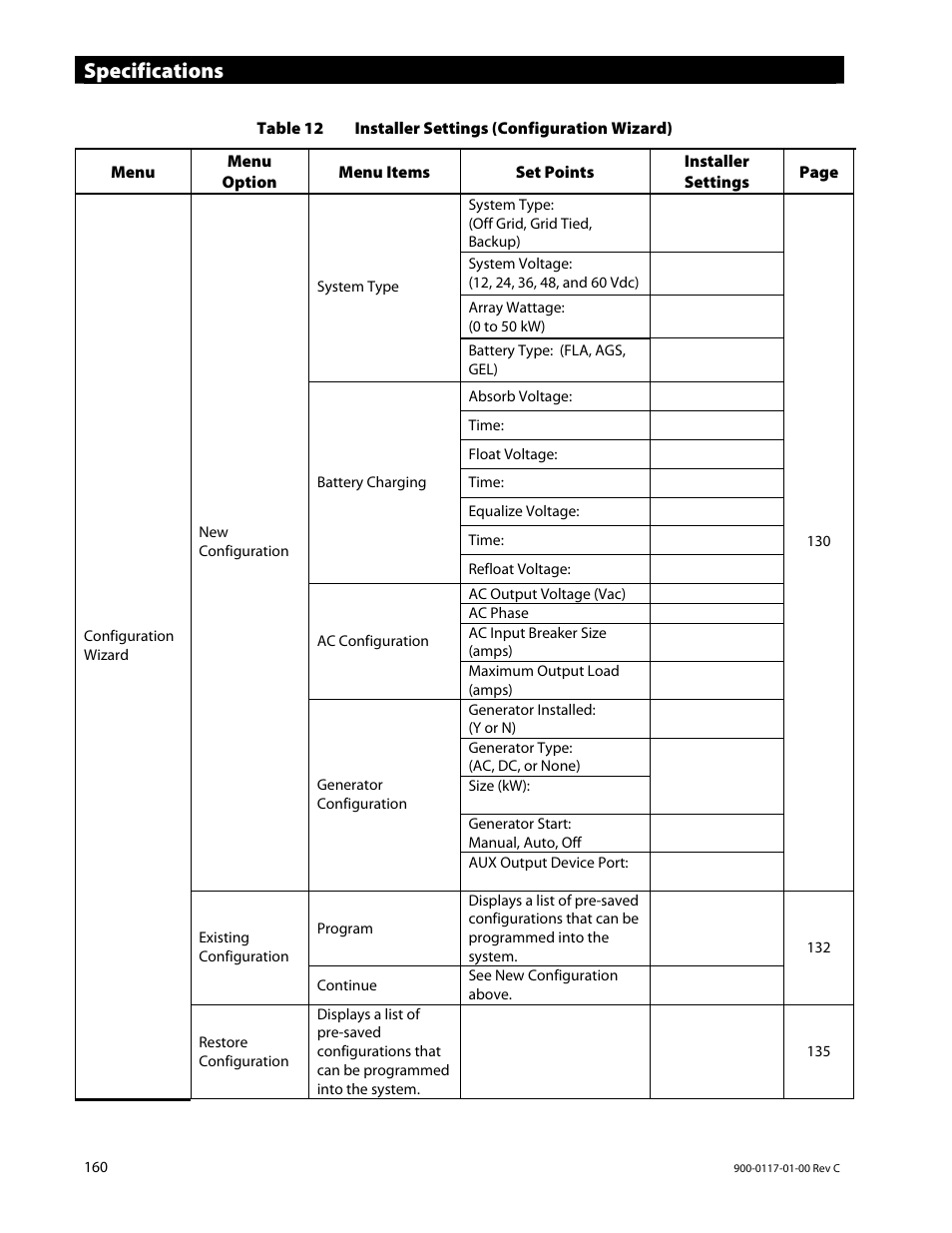 Specifications | Outback Power Systems MATE3 Owners Manual User Manual | Page 162 / 190