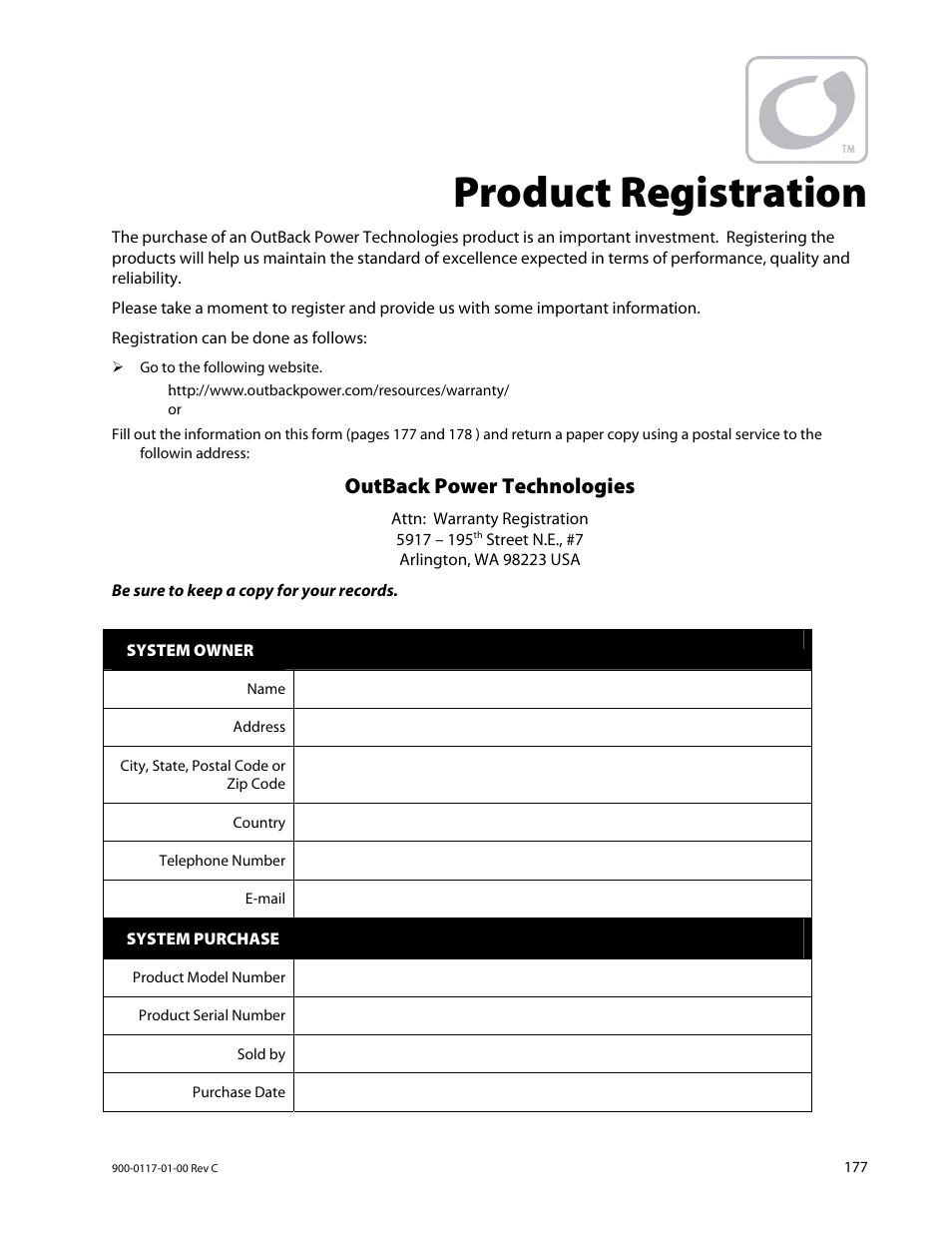 Product registration, Outback power technologies | Outback Power Systems MATE3 Owners Manual User Manual | Page 179 / 190