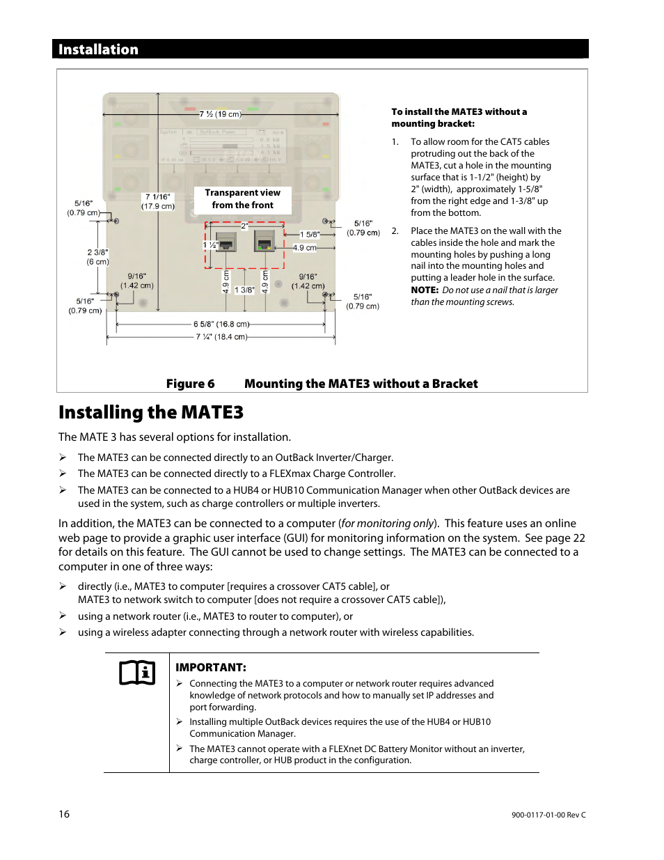 Installing the mate3, Installation | Outback Power Systems MATE3 Owners Manual User Manual | Page 18 / 190