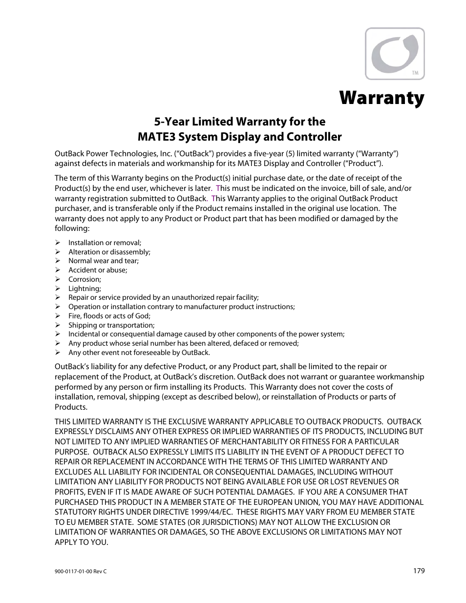 Warranty | Outback Power Systems MATE3 Owners Manual User Manual | Page 181 / 190