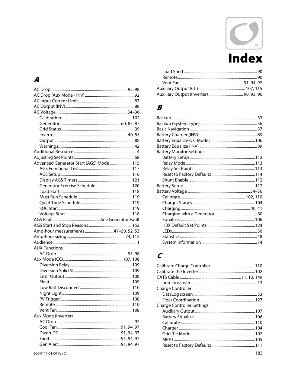 Index | Outback Power Systems MATE3 Owners Manual User Manual | Page 185 / 190