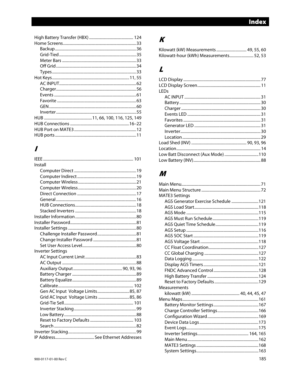 Index | Outback Power Systems MATE3 Owners Manual User Manual | Page 187 / 190