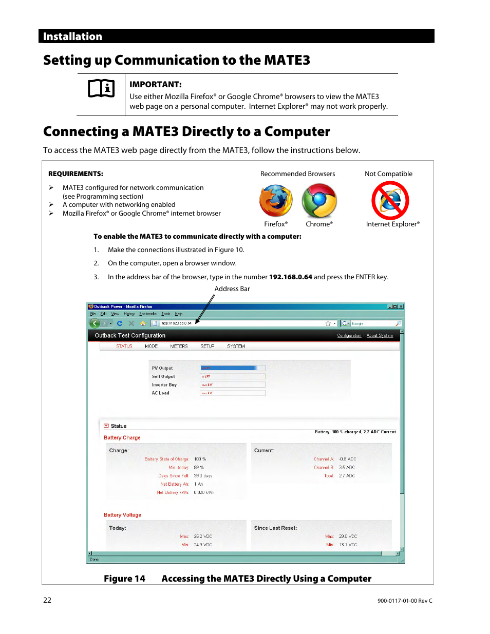 Setting up communication to the mate3, Connecting a mate3 directly to a computer, Installation | Outback Power Systems MATE3 Owners Manual User Manual | Page 24 / 190