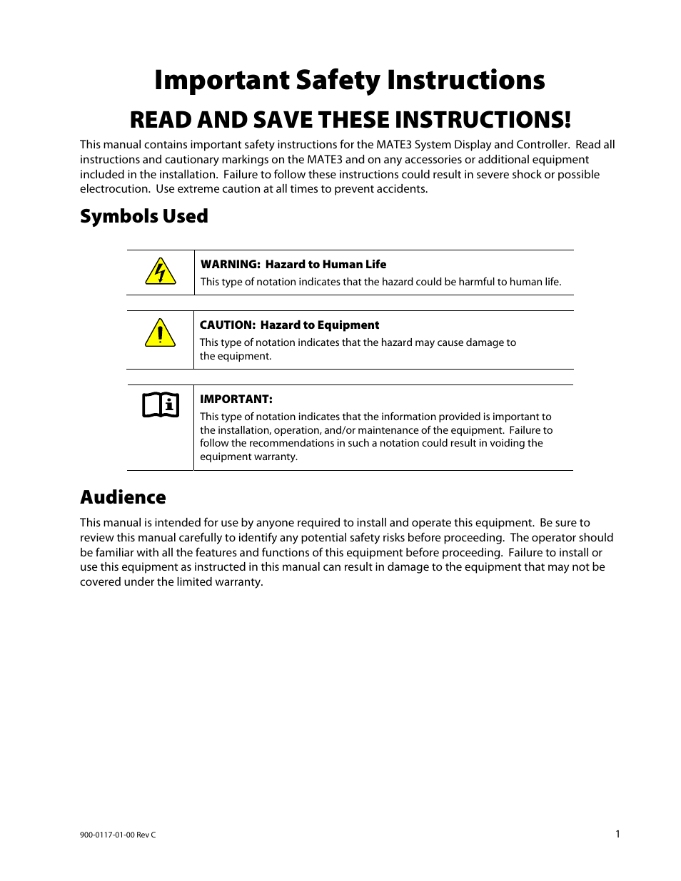 Important safety instructions, Read and save these instructions, Symbols used | Audience | Outback Power Systems MATE3 Owners Manual User Manual | Page 3 / 190