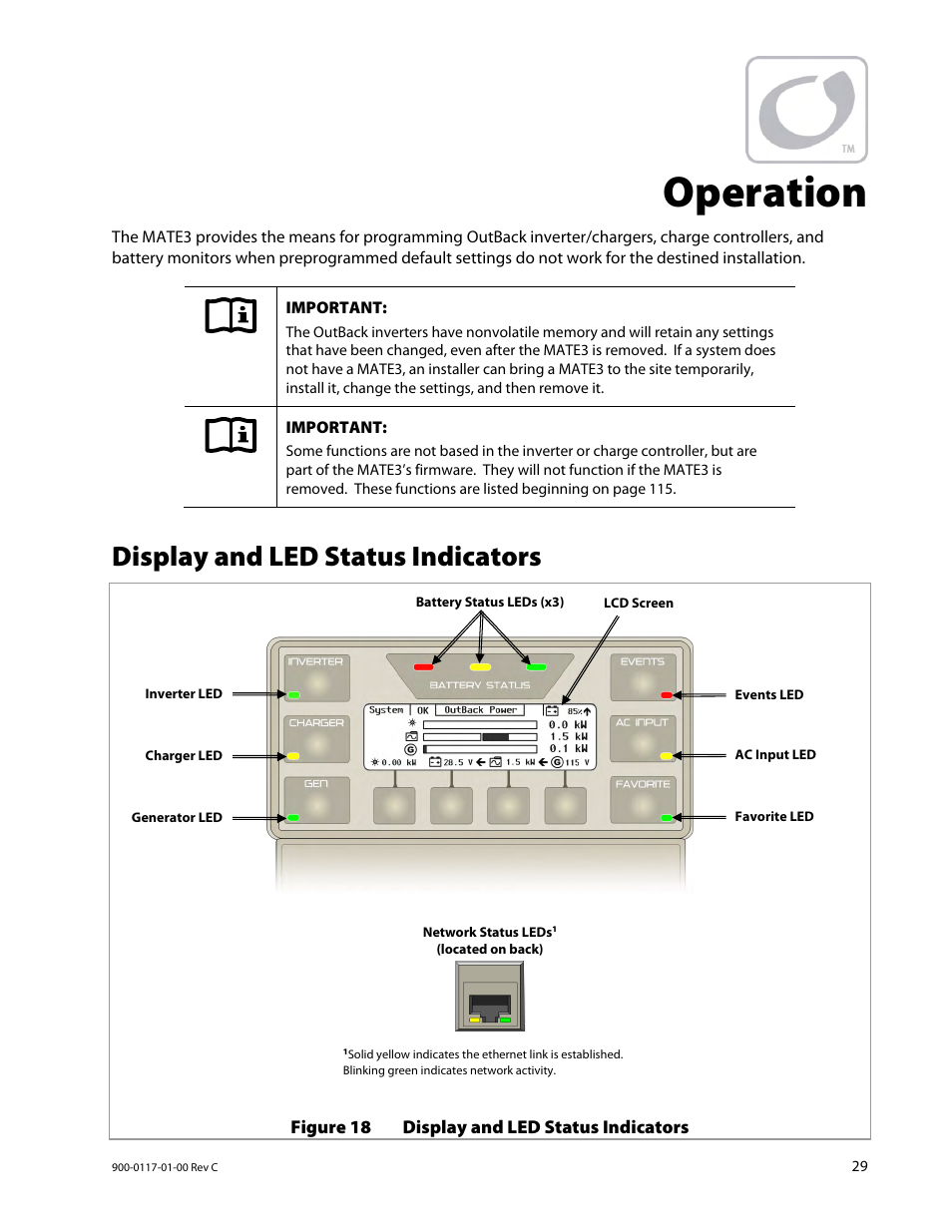 Operation, Display and led status indicators | Outback Power Systems MATE3 Owners Manual User Manual | Page 31 / 190