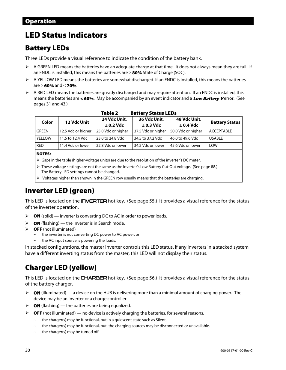 Led status indicators, Battery leds, Inverter led (green) | Charger led (yellow), Operation | Outback Power Systems MATE3 Owners Manual User Manual | Page 32 / 190